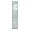 Locker metálico Basico de cinco puertas, fabricado en lamina de acero rolado frío calibre 24, puertas con diseño de 4 ventanillas, jaladera de lamina media luna con porta candado acabado en pintura electrostática horneada, medidas 0.37×0.37×1.80