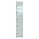 Locker metálico Basico de cinco puertas, fabricado en lamina de acero rolado frío calibre 24, puertas con diseño de 4 ventanillas, jaladera de lamina media luna con porta candado acabado en pintura electrostática horneada, medidas 0.37×0.37×1.80