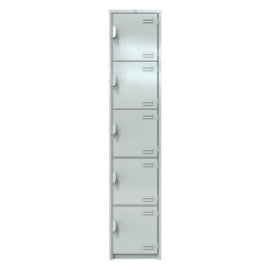 Locker metálico Basico de cinco puertas, fabricado en lamina de acero rolado frío calibre 24, puertas con diseño de 4 ventanillas, jaladera de lamina media luna con porta candado acabado en pintura electrostática horneada, medidas 0.37×0.37×1.80